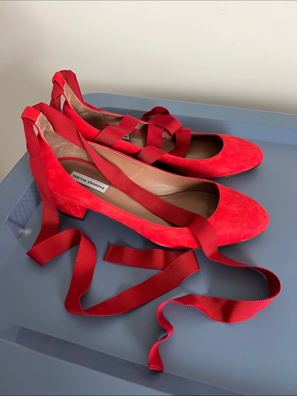 Tabitha Simmons red suede block low heels with ribbon wrap around ankle bows 38